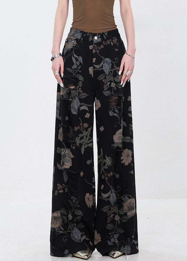 French Black Hole Print High Waist Denim Wide Leg Pants Summer