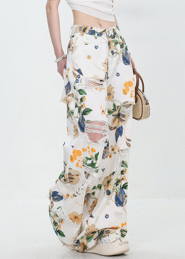 French Black Hole Print High Waist Denim Wide Leg Pants Summer