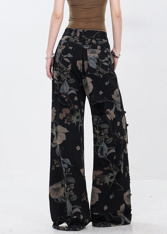 French Black Hole Print High Waist Denim Wide Leg Pants Summer