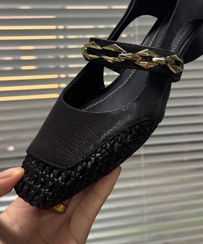 French Black Hollow Out Breathable Woven Square Toe Chunky Sandals