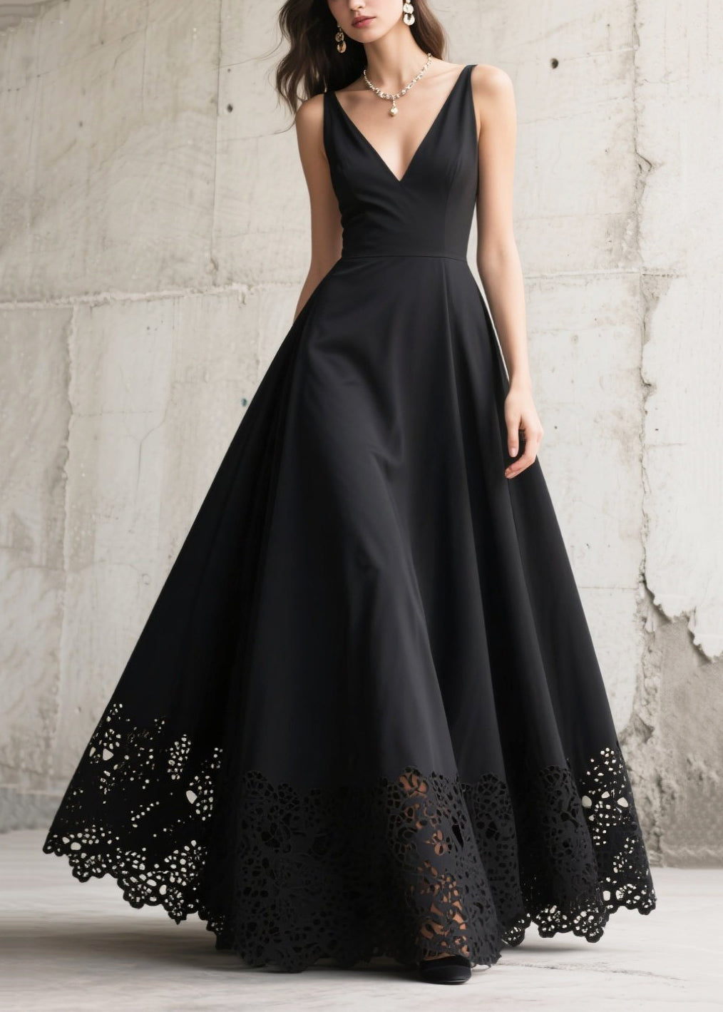 French Black Hollow Out Exra Large Hem Chiffon Long Dresses Summer