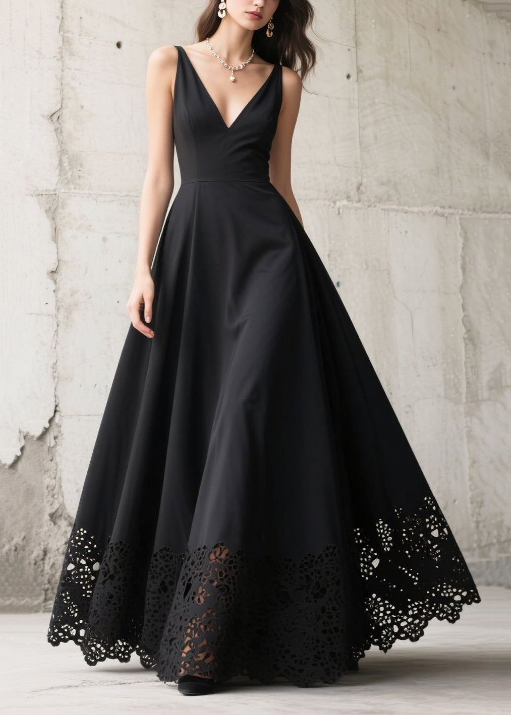 French Black Hollow Out Exra Large Hem Chiffon Long Dresses Summer