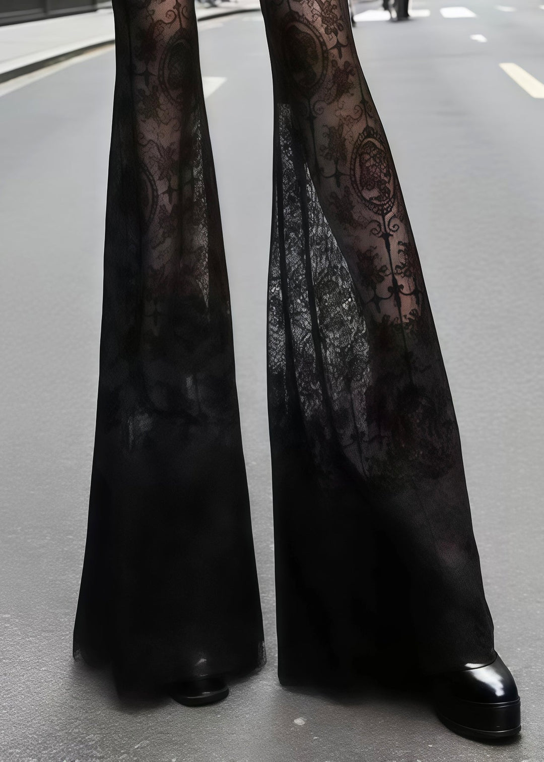 French Black Hollow Out Patchwork Lace Flared Trousers Summer