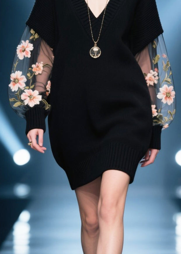 French Black Hollow Out Patchwork Tulle Sweater Dress Fall