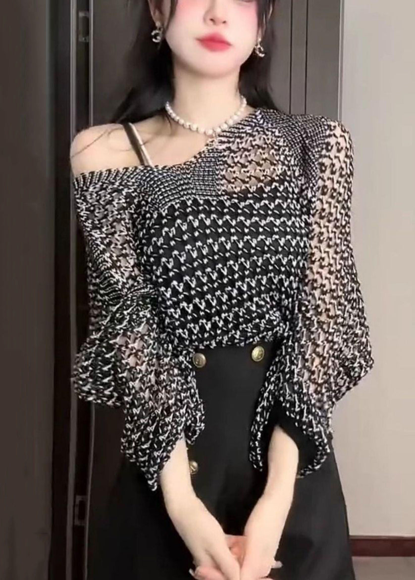 French Black Hollow Out Thin Knit Sweater Batwing Sleeve