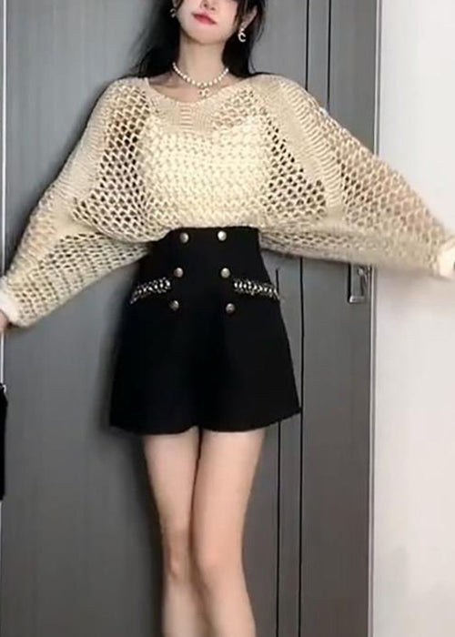 French Black Hollow Out Thin Knit Sweater Batwing Sleeve