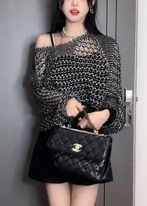 French Black Hollow Out Thin Knit Sweater Batwing Sleeve