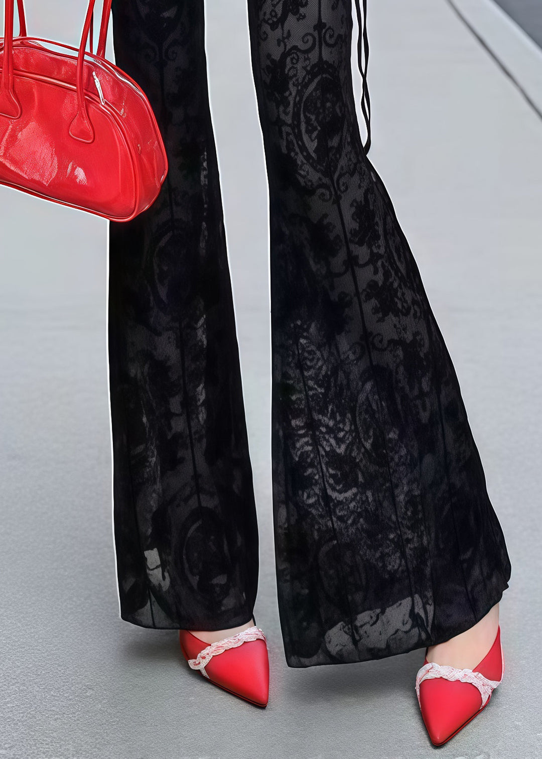 French Black Jacquard Drawstring Lace Flared Trousers Summer