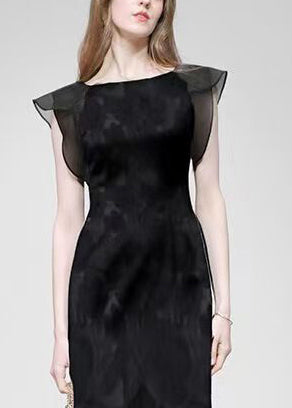 French Black Jacquard Patchwork Chiffon Evening Dress Summer