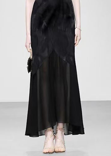 French Black Jacquard Patchwork Chiffon Evening Dress Summer