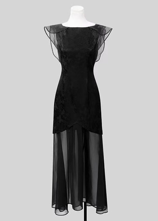 French Black Jacquard Patchwork Chiffon Evening Dress Summer