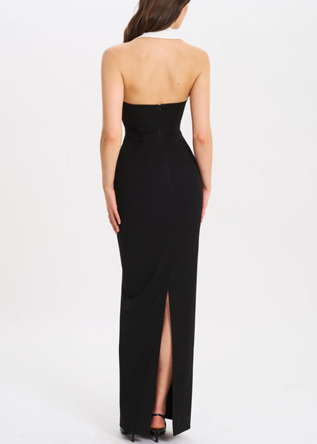 French Black Notched Backless Side Open Cotton Long Dresses Sleeveless