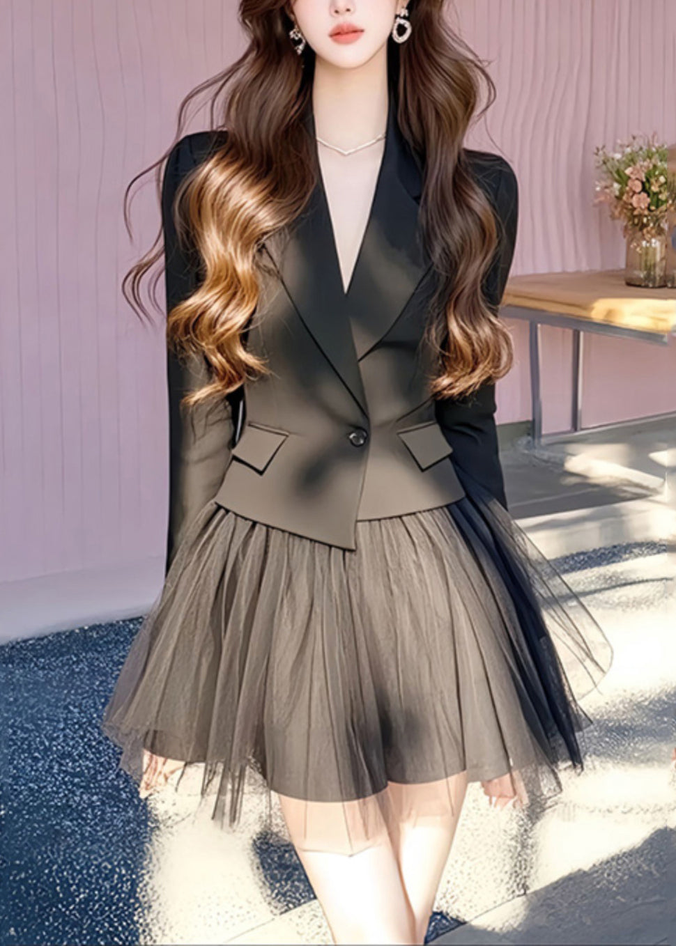 French Black Notched Coats And Tulle Skirts Two Pieces Set Long Sleeve