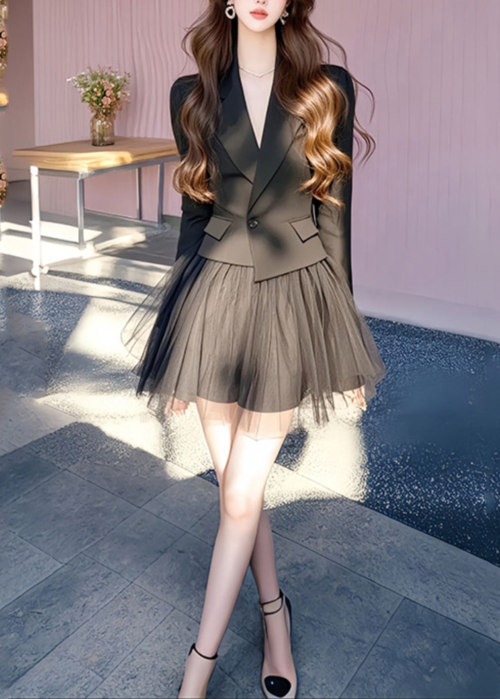 French Black Notched Coats And Tulle Skirts Two Pieces Set Long Sleeve