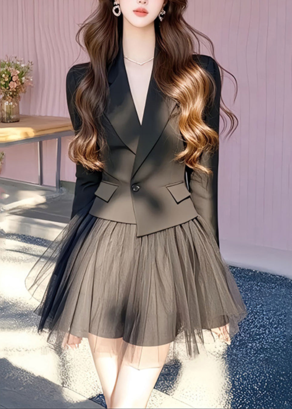 French Black Notched Coats And Tulle Skirts Two Pieces Set Long Sleeve