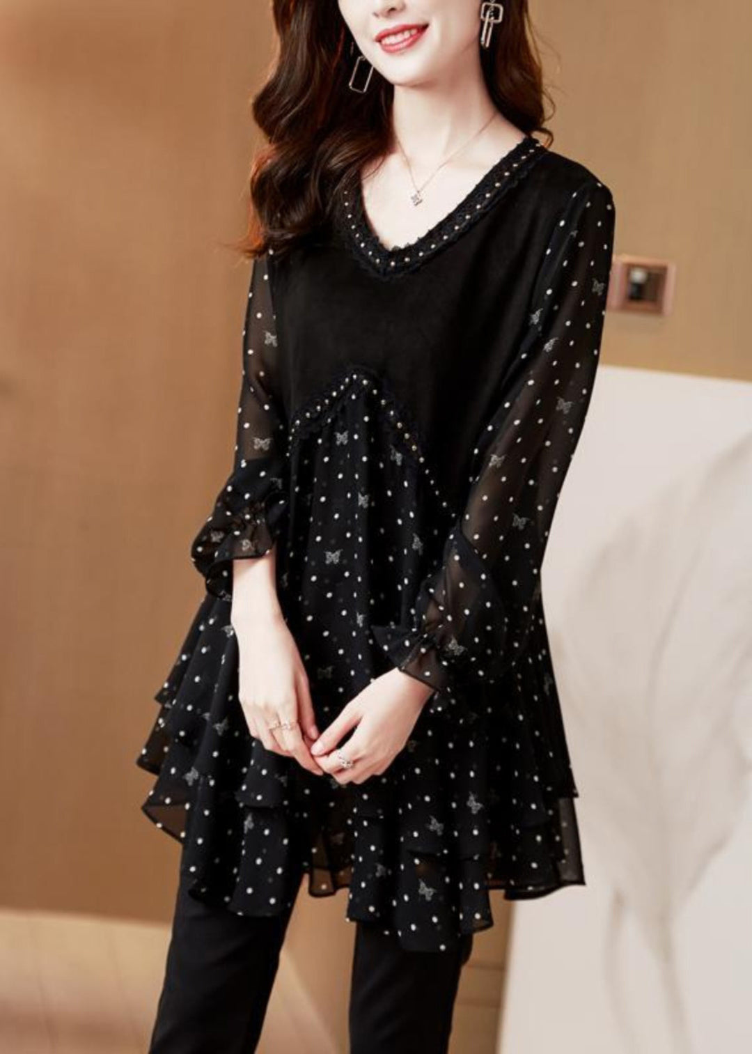 French Black O-Neck Dot Chiffo Shirt Lantern Sleeve