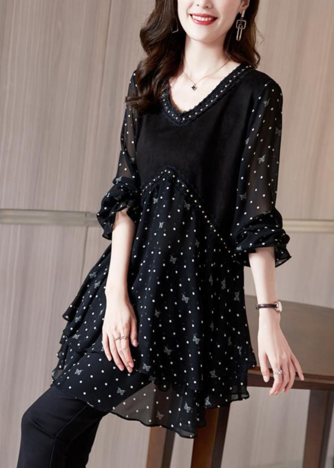 French Black O-Neck Dot Chiffo Shirt Lantern Sleeve