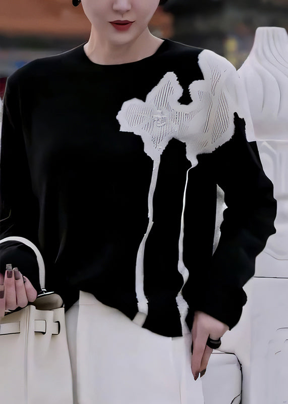 French Black O Neck Print Nail Bead Knit Sweater Fall