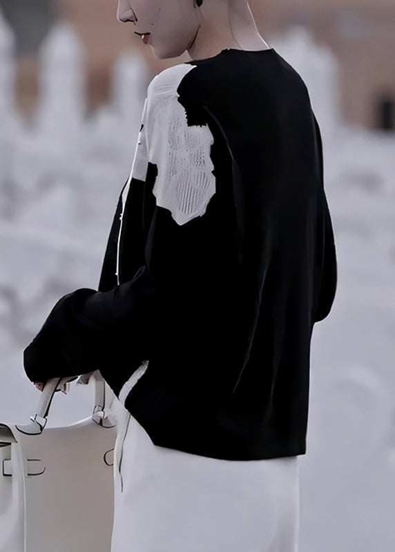 French Black O Neck Print Nail Bead Knit Sweater Fall