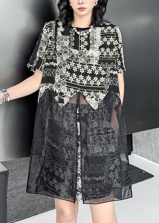 French Black O Neck Print Organza Two Pieces Set Summer