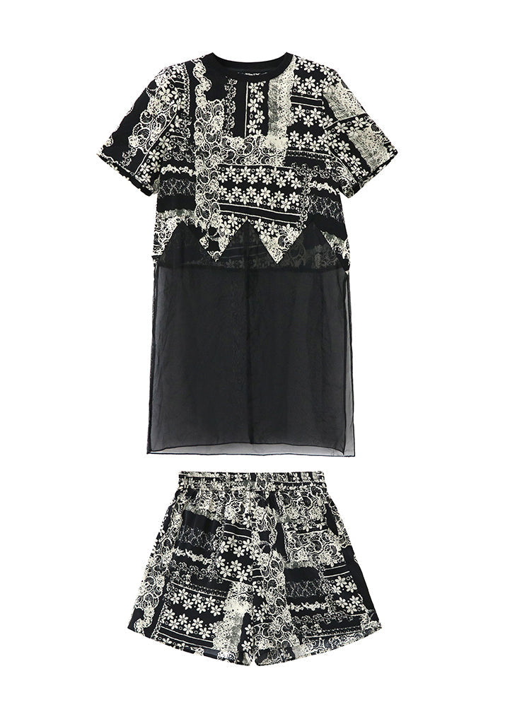 French Black O Neck Print Organza Two Pieces Set Summer