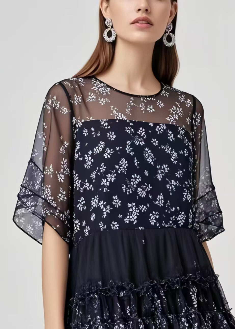 French Black Oversized Patchwork Chiffon Work Dress Summer