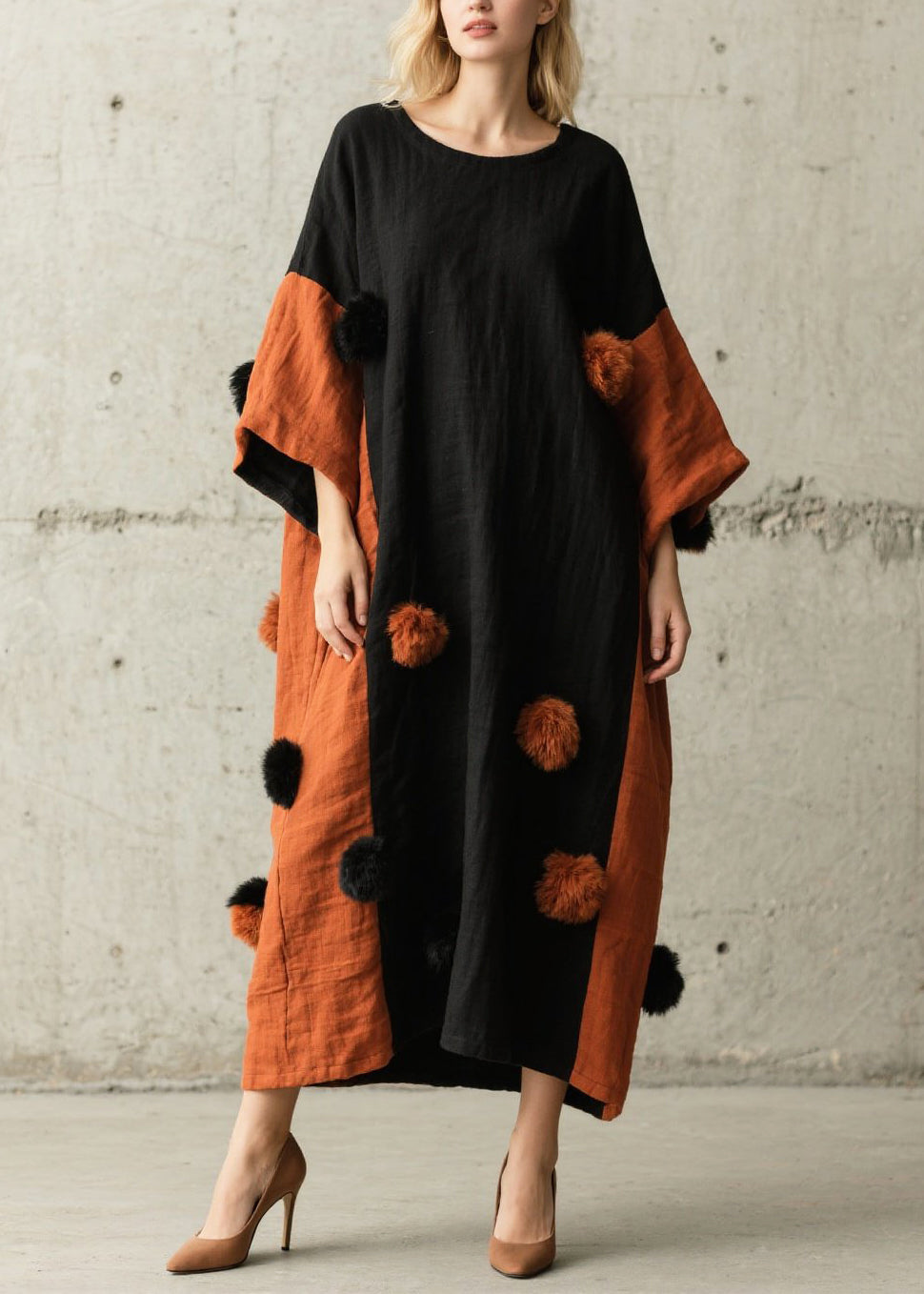 French Black Oversized Patchwork Fuzzy Ball Decorated Dresses Bracelet Sleeve