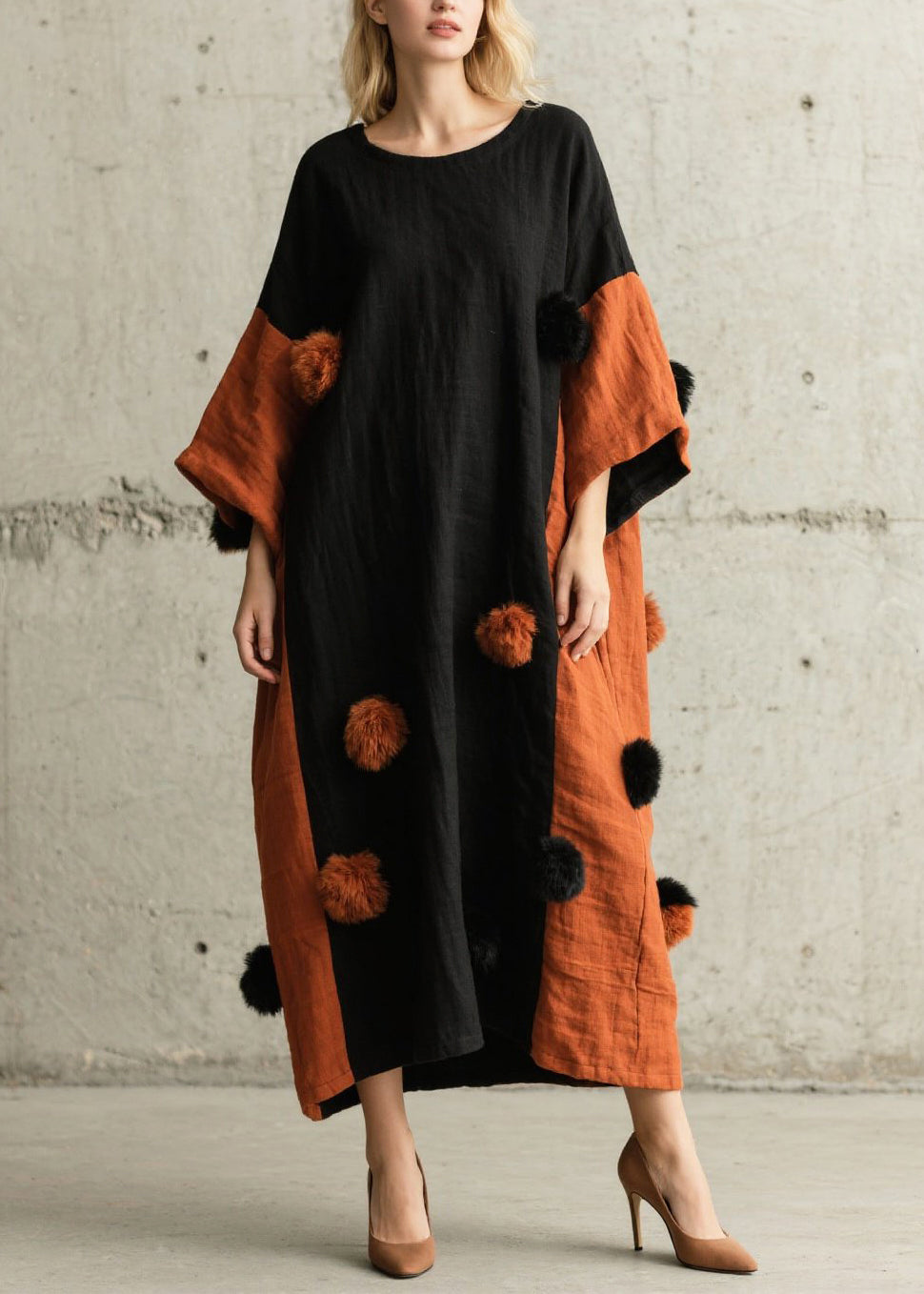 French Black Oversized Patchwork Fuzzy Ball Decorated Dresses Bracelet Sleeve