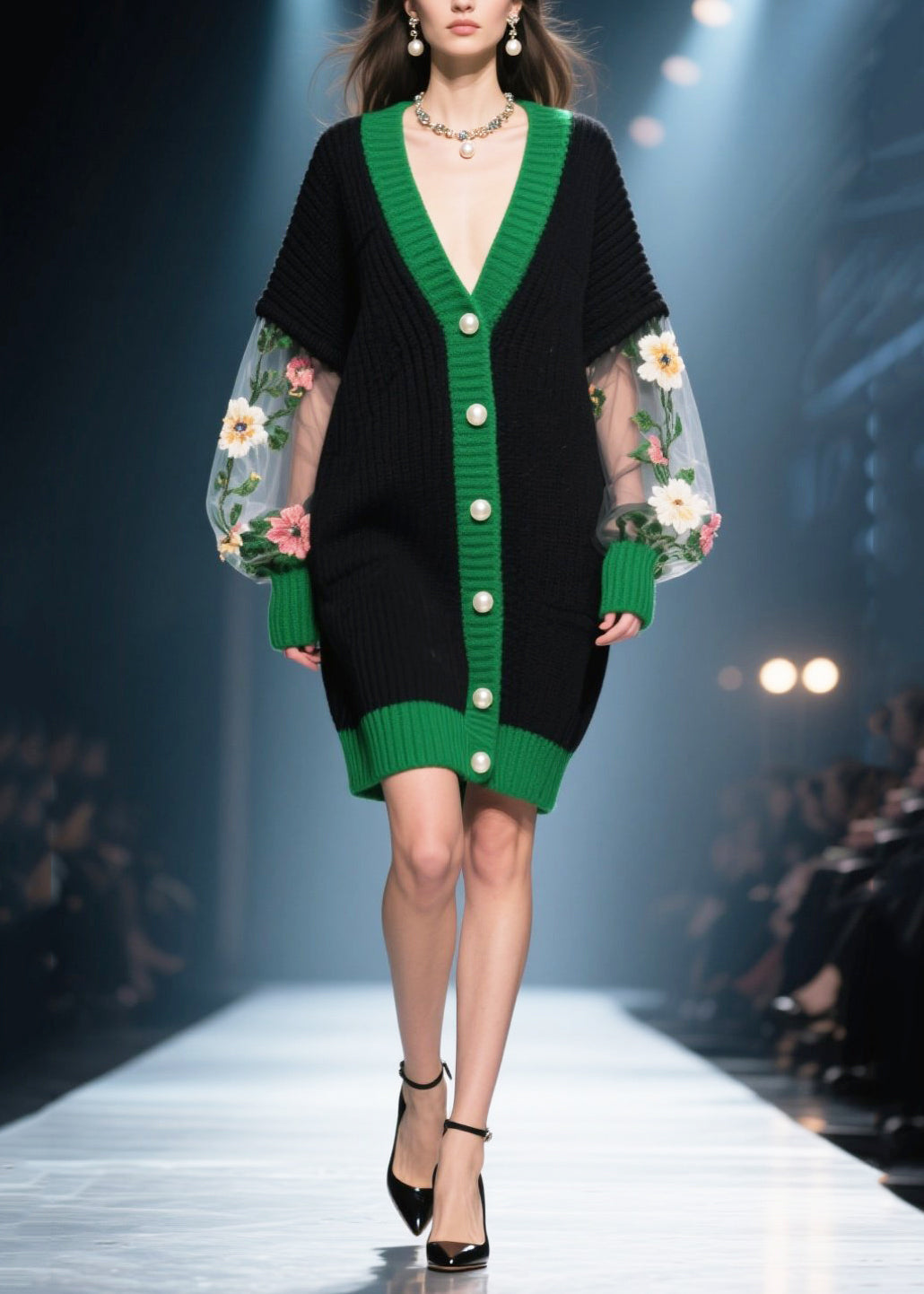 French Black Oversized Patchwork Tulle Long Knit Coats Winter