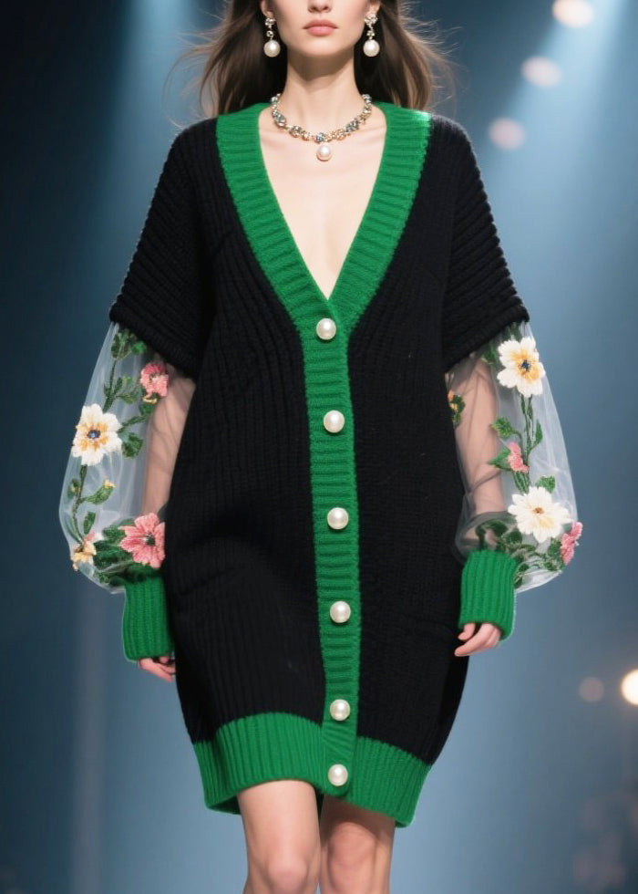 French Black Oversized Patchwork Tulle Long Knit Coats Winter