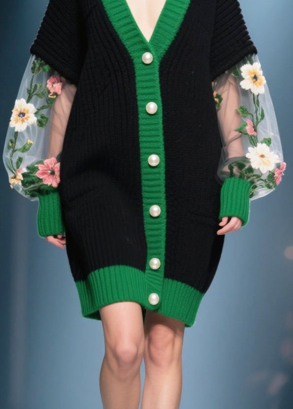 French Black Oversized Patchwork Tulle Long Knit Coats Winter