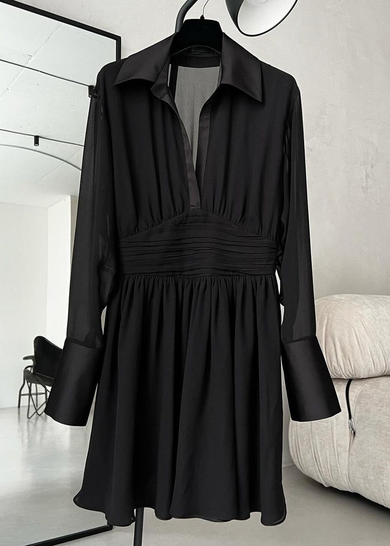 French Black Peter Pan Collar Button Chiffon Shirts Dress Spring
