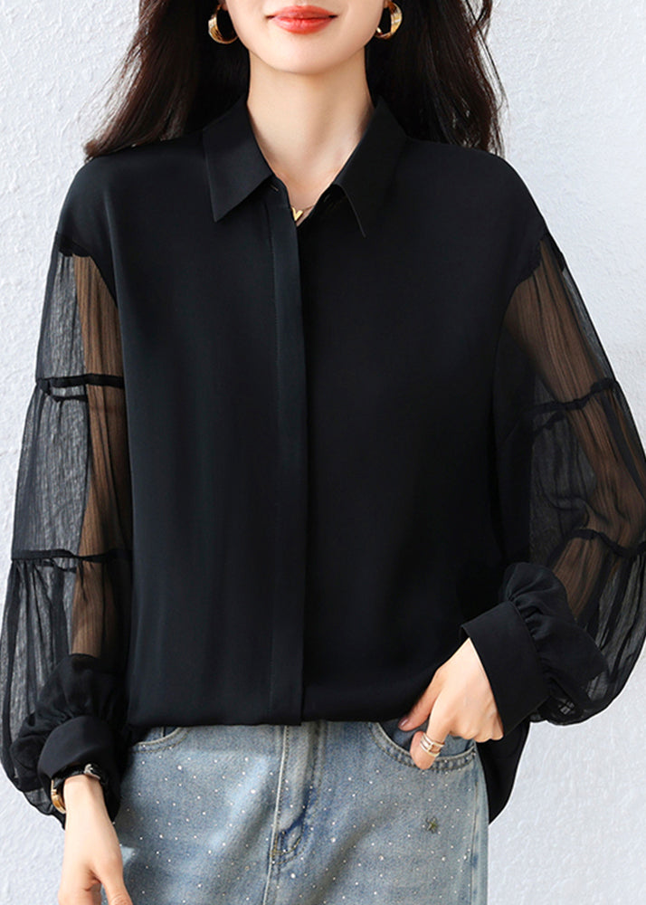 French Black Peter Pan Collar Patchwork Tulle Chiffon Tops Fall