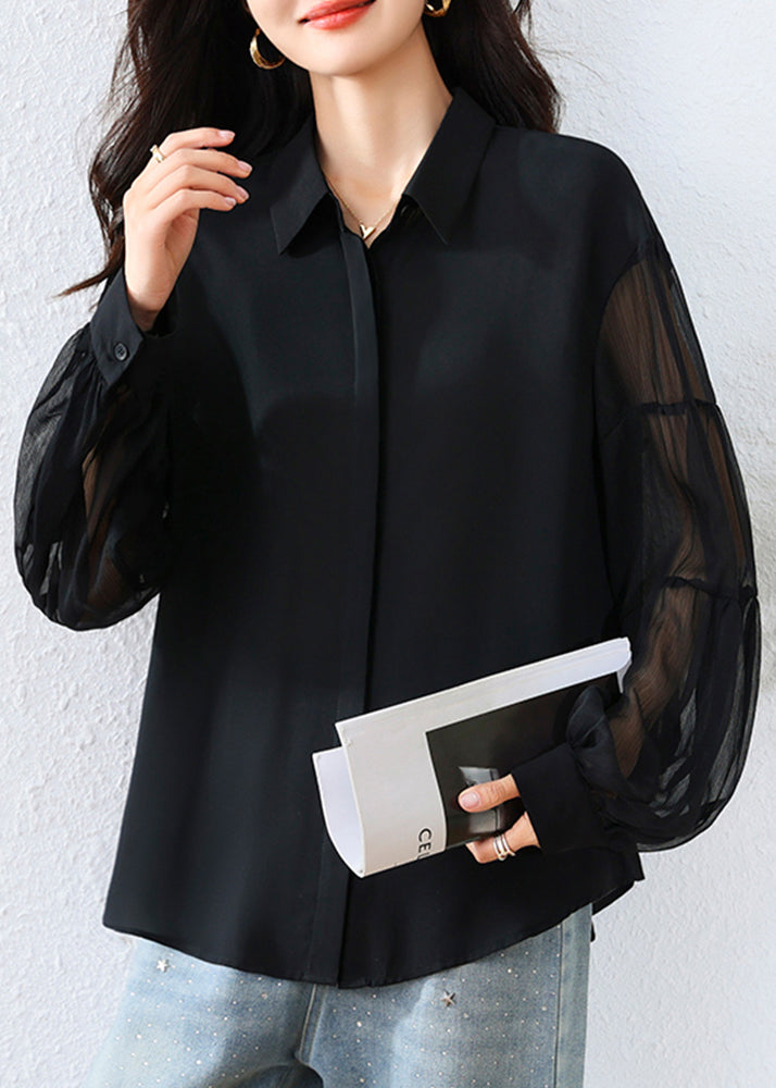 French Black Peter Pan Collar Patchwork Tulle Chiffon Tops Fall