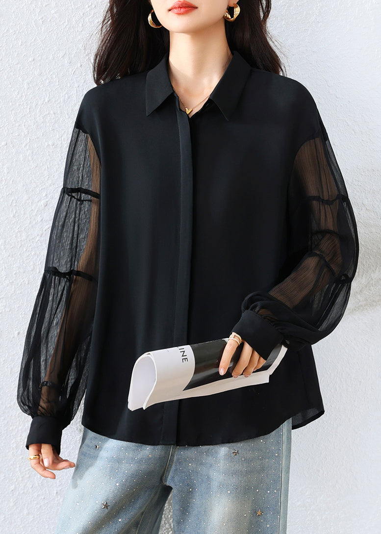 French Black Peter Pan Collar Patchwork Tulle Chiffon Tops Fall