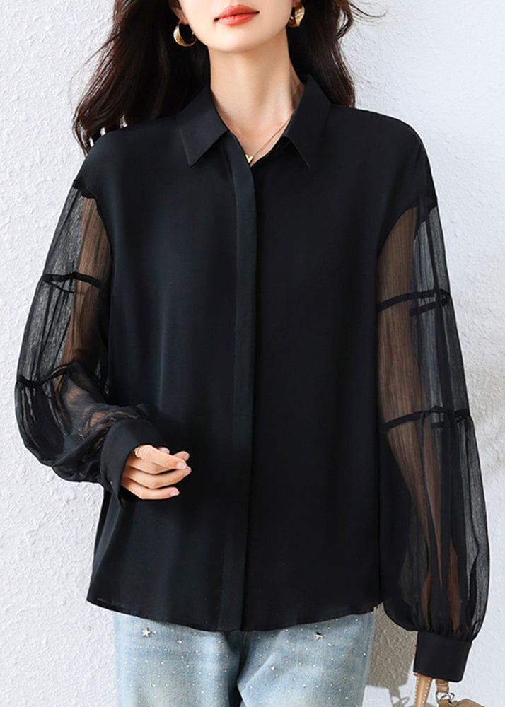 French Black Peter Pan Collar Patchwork Tulle Chiffon Tops Fall