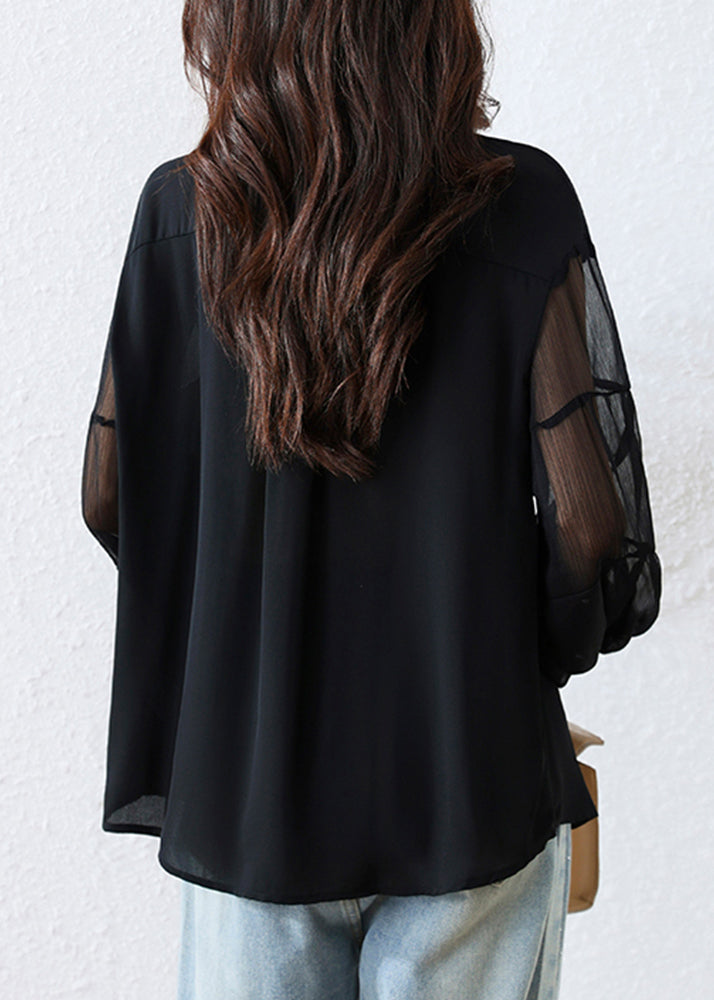 French Black Peter Pan Collar Patchwork Tulle Chiffon Tops Fall