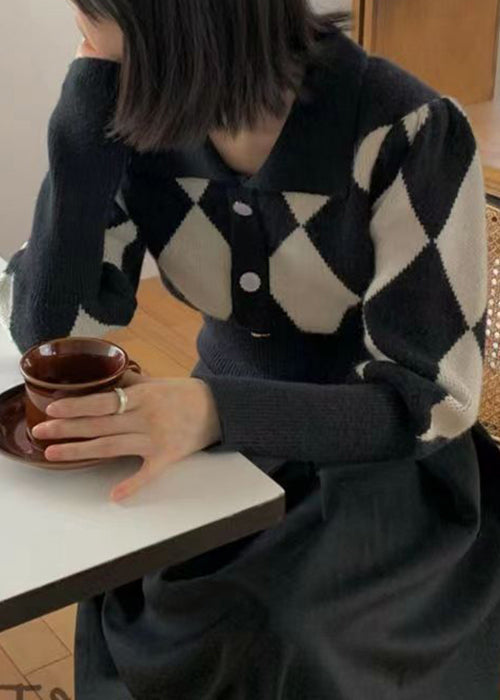 French Black Peter Pan Collar Plaid Knit Sweaters Fall