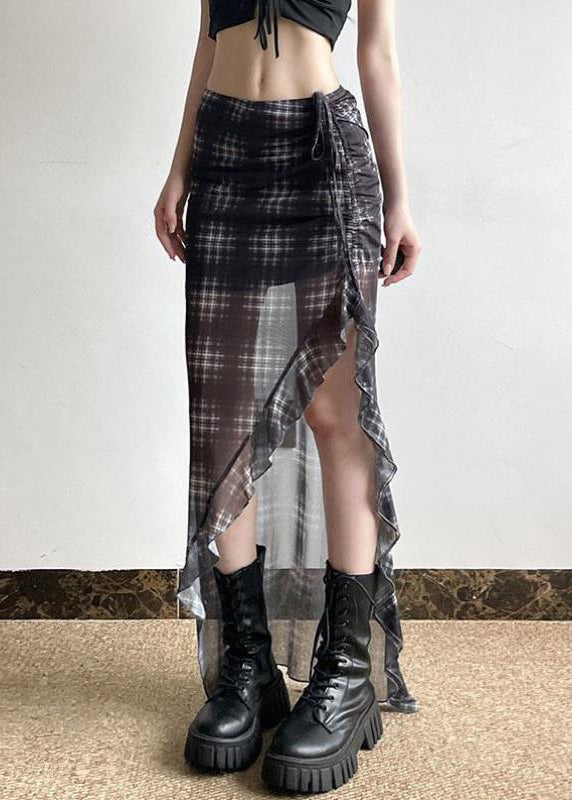 French Black Plaid Cinched Low High Design Tulle Skirts Summer