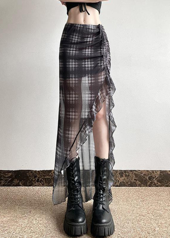 French Black Plaid Cinched Low High Design Tulle Skirts Summer