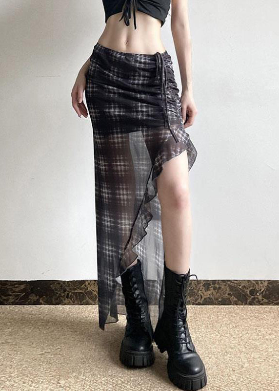 French Black Plaid Cinched Low High Design Tulle Skirts Summer