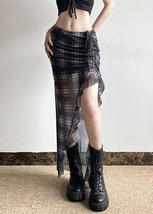French Black Plaid Cinched Low High Design Tulle Skirts Summer