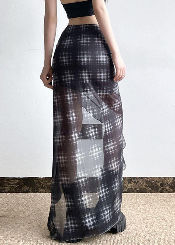 French Black Plaid Cinched Low High Design Tulle Skirts Summer