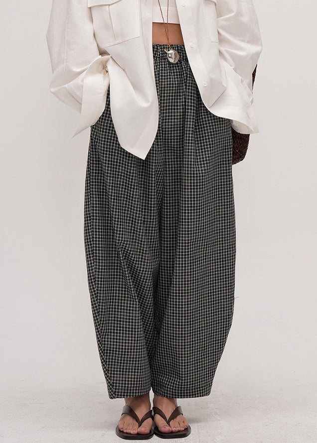 French Black Plaid Elastic Waist Cotton Crop Pants Summer