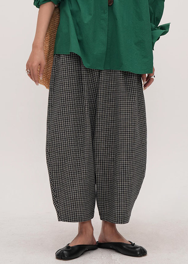 French Black Plaid Elastic Waist Cotton Crop Pants Summer
