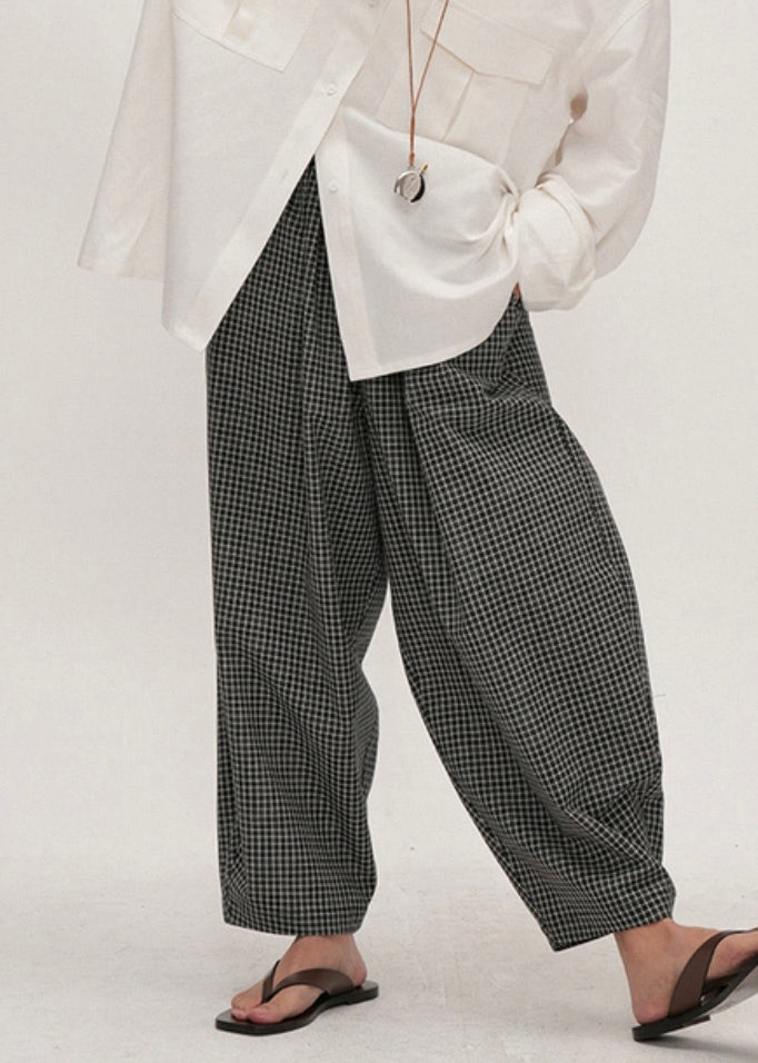 French Black Plaid Elastic Waist Cotton Crop Pants Summer