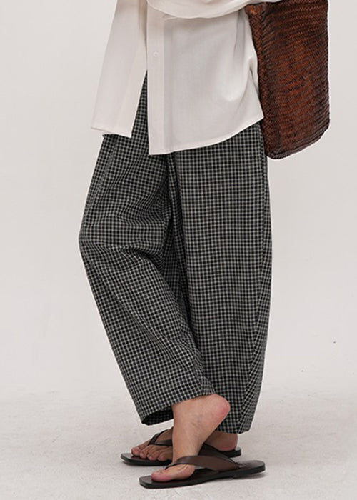 French Black Plaid Elastic Waist Cotton Crop Pants Summer