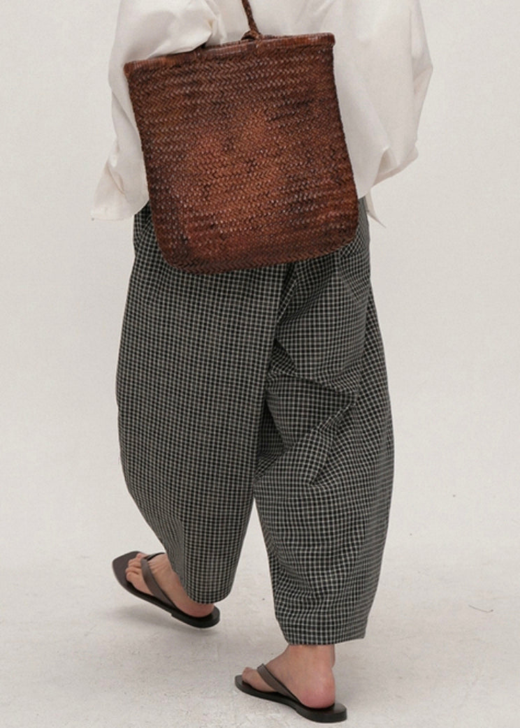 French Black Plaid Elastic Waist Cotton Crop Pants Summer