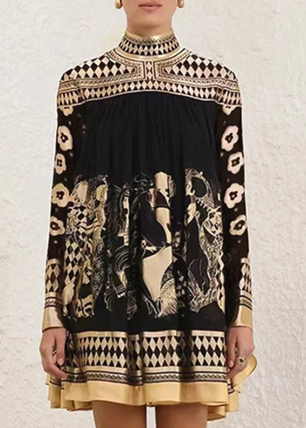 French Black Plaid Print Silk Mid Dress Batwing Sleeve