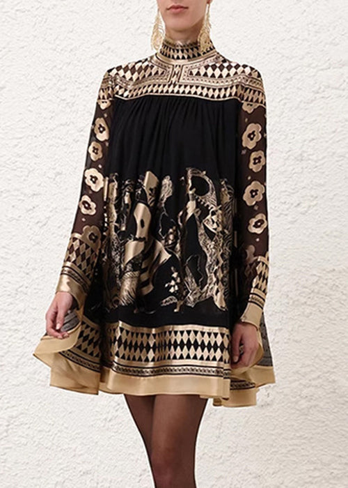 French Black Plaid Print Silk Mid Dress Batwing Sleeve